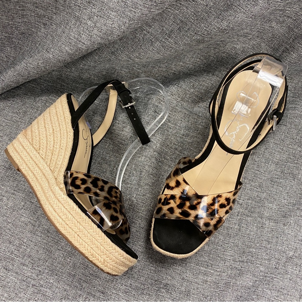 Jessica Simpson black and Leopard espadrilles wedge sandals womens shoes 8.5